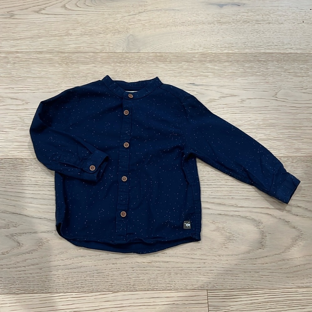 Zara baby 100% cotton little boys button down shirt blue with speckles